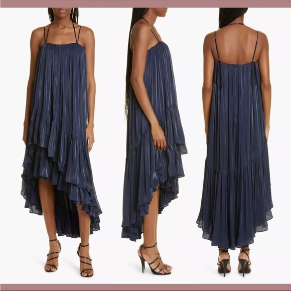 NWT $595 Cinq à Sept Soliel Ruffle Trapeze High Low Dress Navy - Picture 1 of 6